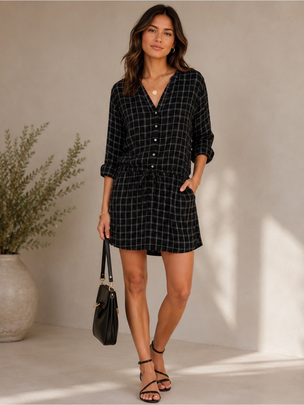 Soft Joie WindowPane Iselyn V-neck Dress Size XS Dark Academia Boho Beachy